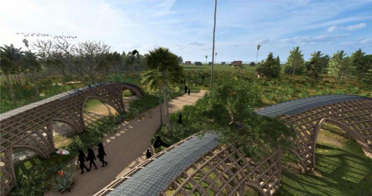 Rendered image of a flower shaped shade structure with solar panels
