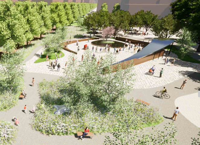 Design concept for former YZD airport.  Plaza with trees gather spaces.