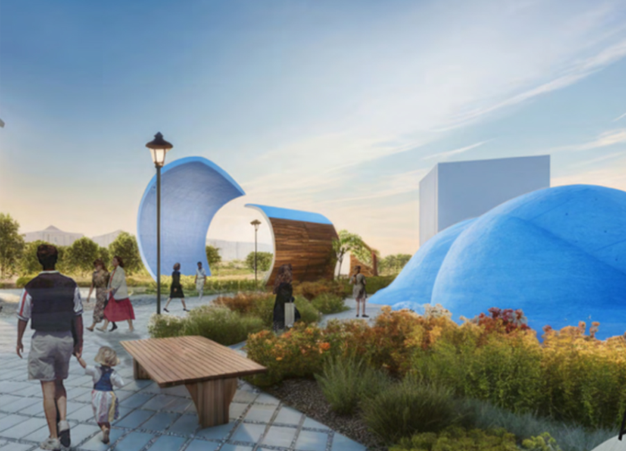 MLA studio design concept for the former YZD airport. People walking in a plaza.