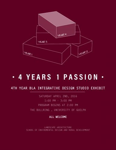 poster with four boxes, invitation to 4th year design studio exhbit