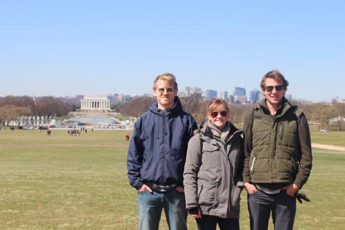 three students in front of Lincoln Memorial, Washington, DC