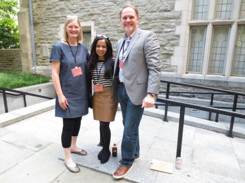 Karen Landman, Desiree Valadaras and Sean Kelly in front of building