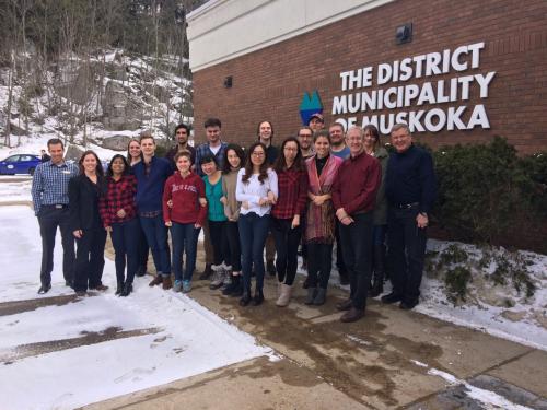 Students in front of the District Municipality of Muskoka building