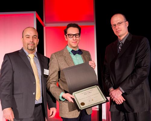 University of Guelph student, Emilio Martinez Lara (centre) receives first place award from George Lourenco (left) and James Gordon (right)