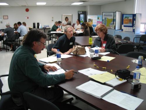 People reading reports around tables