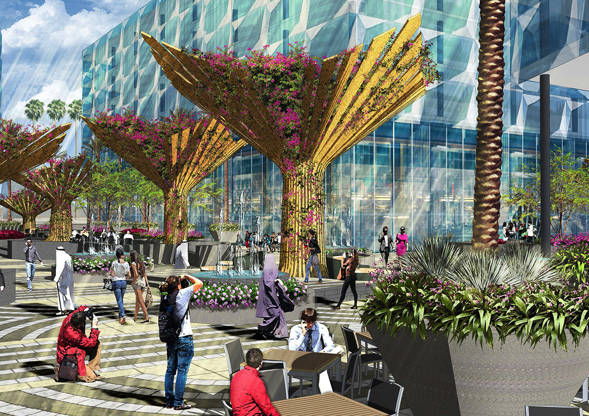 rendered drawing of Dubai Design District.  Plaza with people sitting, standing by tree blossoms