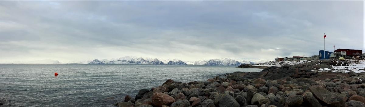 View of water and rocks facing mountains of Bylot Island