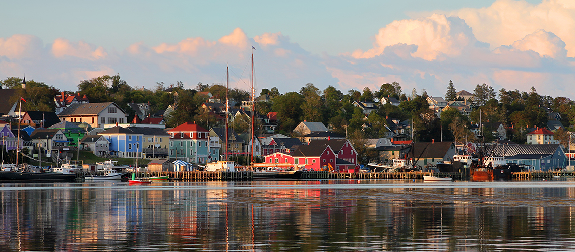 A panoramic view of a rural town on the waterfront
