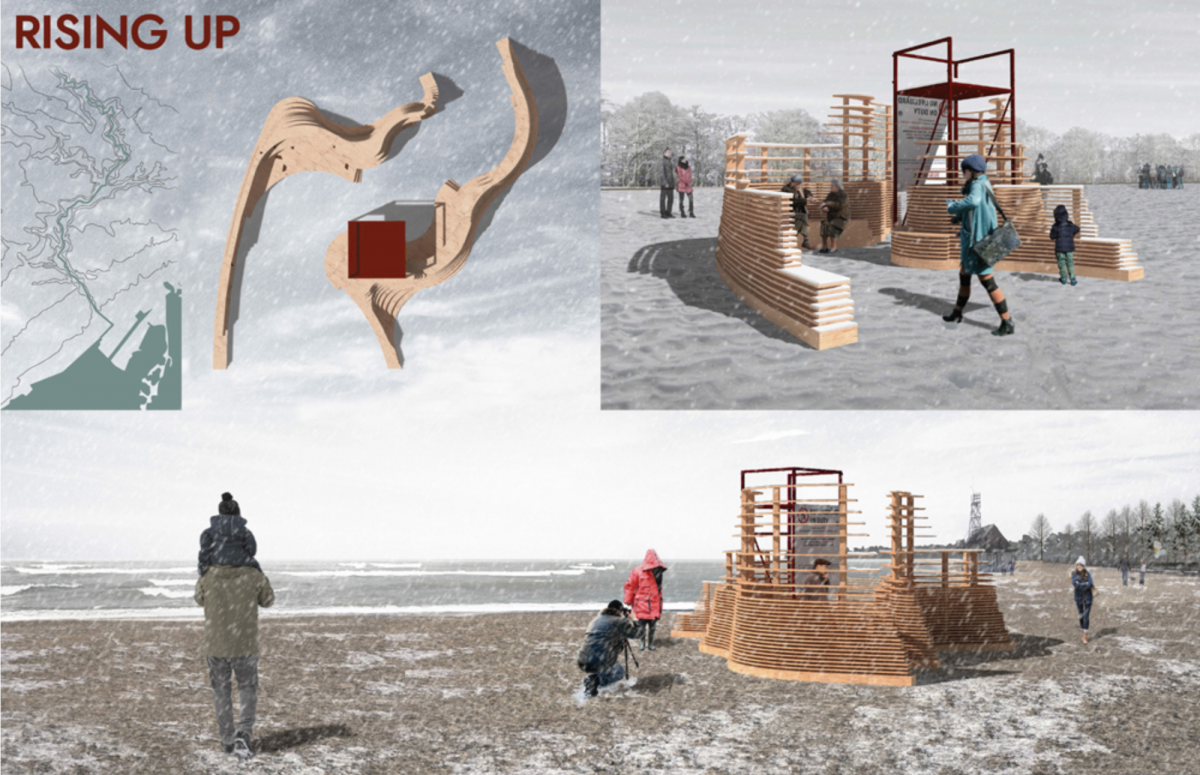 three drawings of Winter Stations "Rising Up" art installation