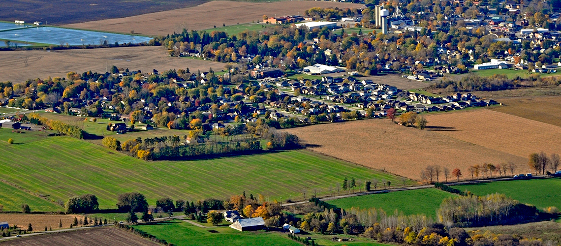 Aerial photo of a rural Ontario town and surrounding fields