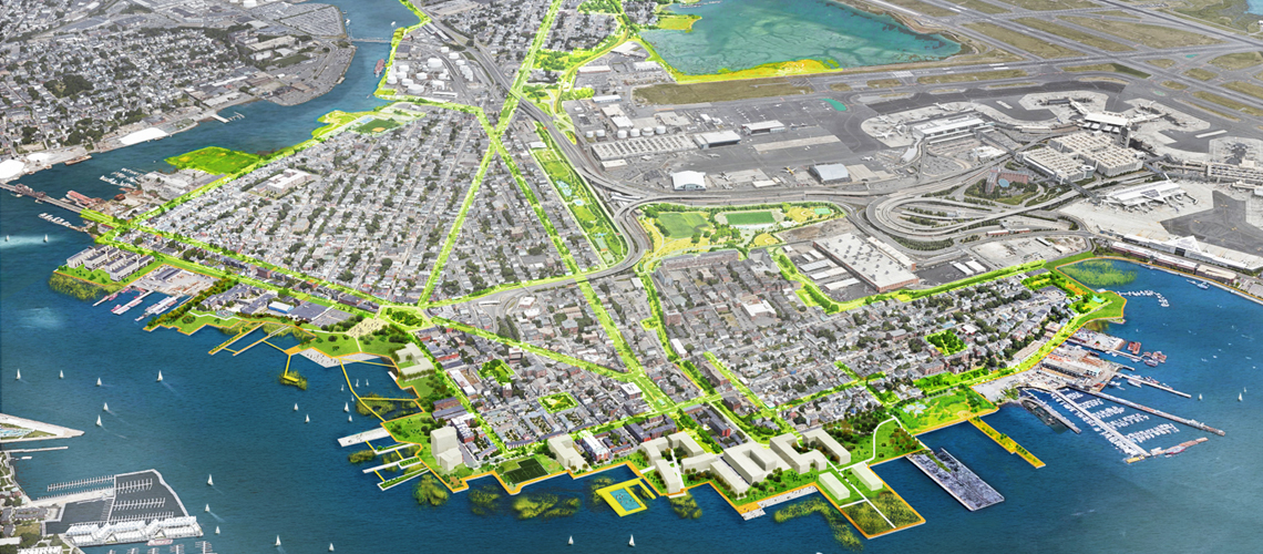 Bird's eye view of rendering "Coastal Resilience Solutions"