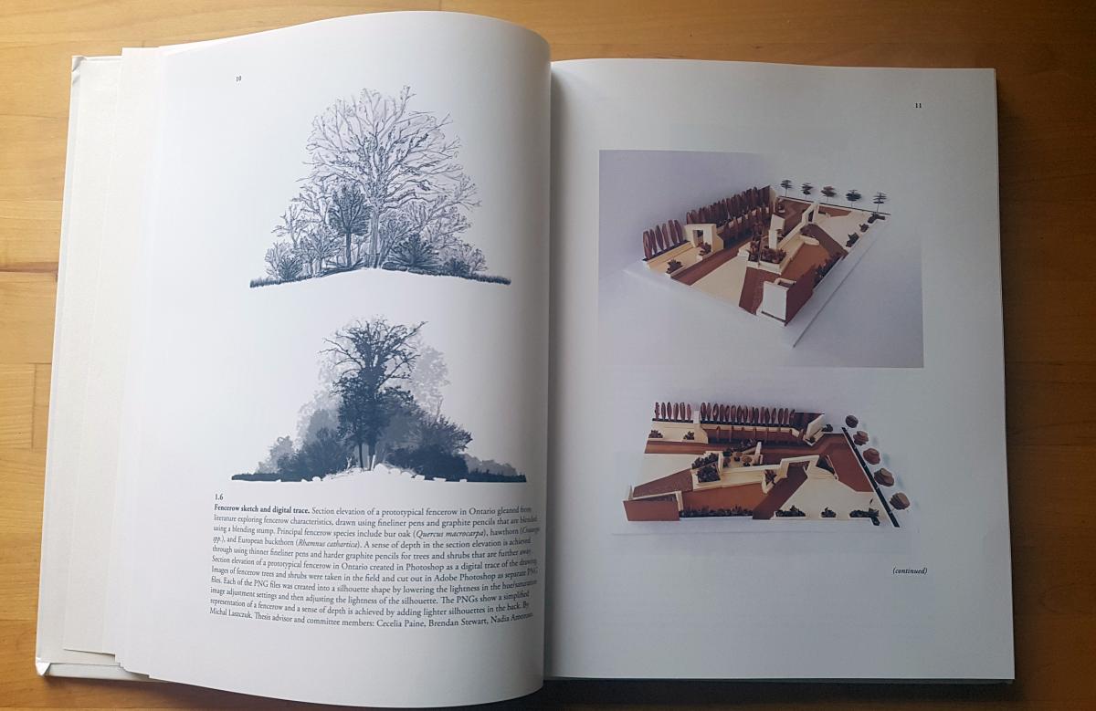 sample of inside page of book featuring tree rendering and landscape model