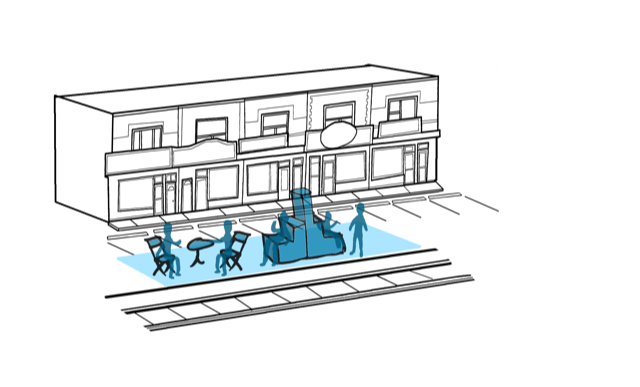 Sketch of strip mall and parking lot with envisioned pop-up parklet