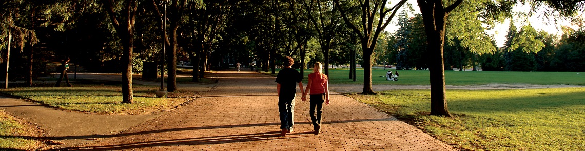 Two students holding hands walking down Alumni Walk