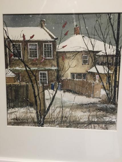 Watercolour painting depicting winter scene in Guelph neighbourhood