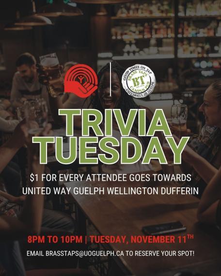 Poster for trivia event on Tuesday, November 11th at 8:00pm. Where $1 is donated for every attendee.