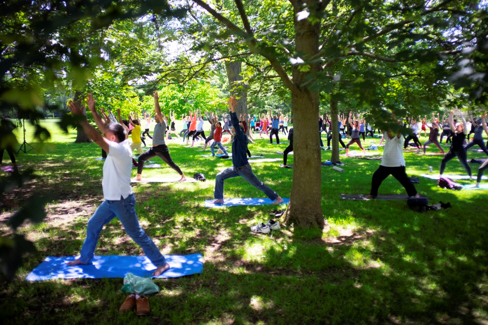 People doing yoga on the University of Guelph Johnston Green