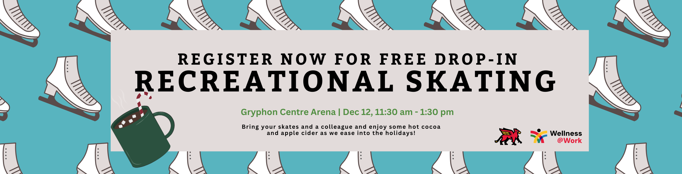 Blue background with ice skate graphics. Writing providing date and location to drop in recreational skating. 