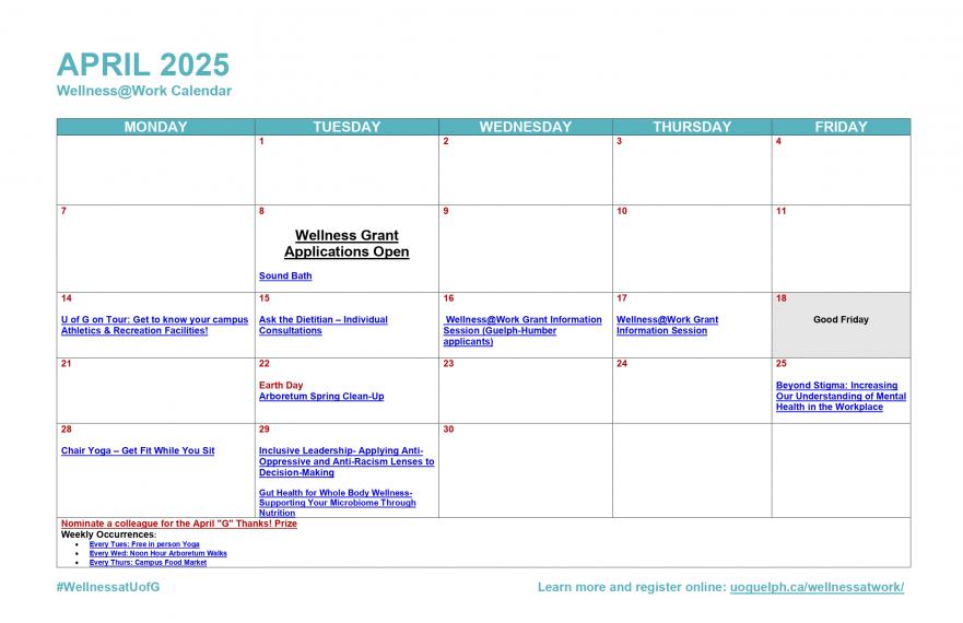 April 2025 Wellness@Work Calendar