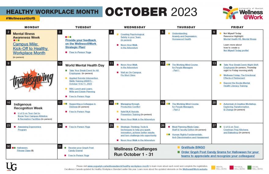 October 2023 Healthy Workplace Month Calendar
