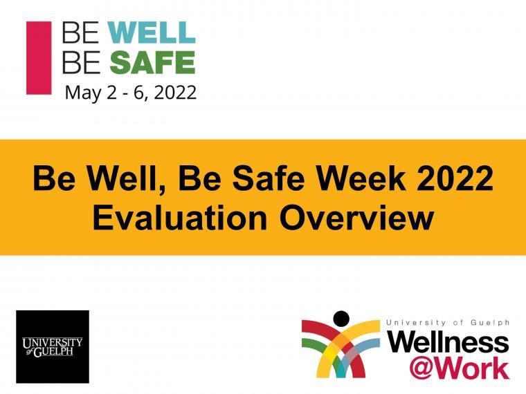 slide with writing "Be Well Be Safe Week 2022, Evaluation Overview" and wellness at work logo. 