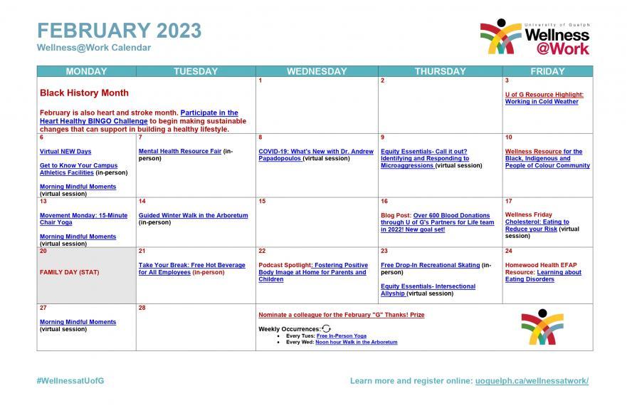 February Wellness Calendar 