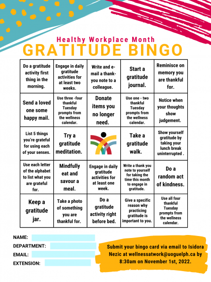 Gratitude Bingo card