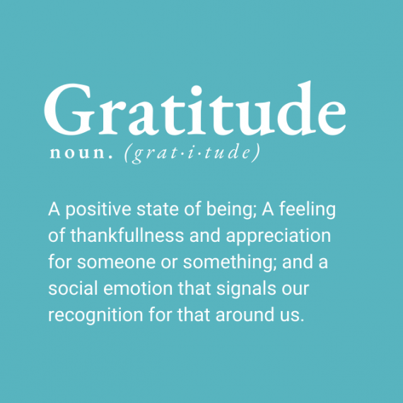 Definition of gratitude. White text on sky blue background. 