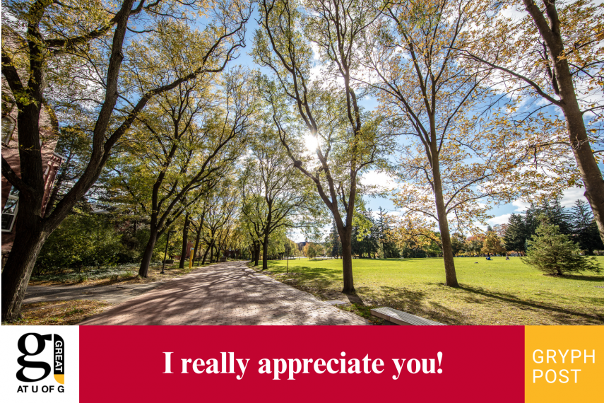 Alumni Walk with writing at bottom of image in white "I really appreciate you!"