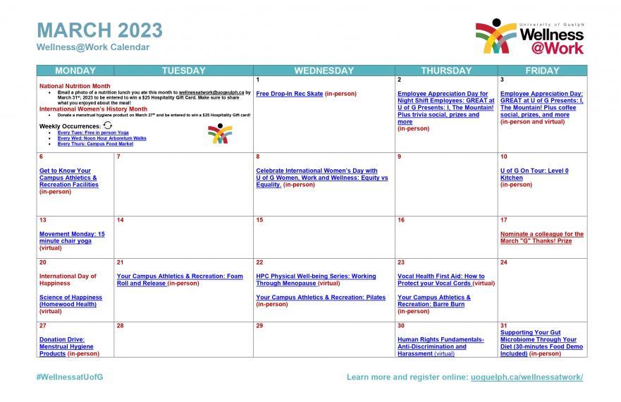 March 2023 wellness calendar