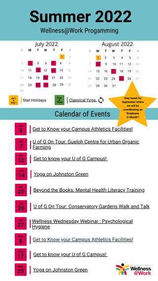 Summer 2022 Wellness Calendar. showing July and August months with events titles. 