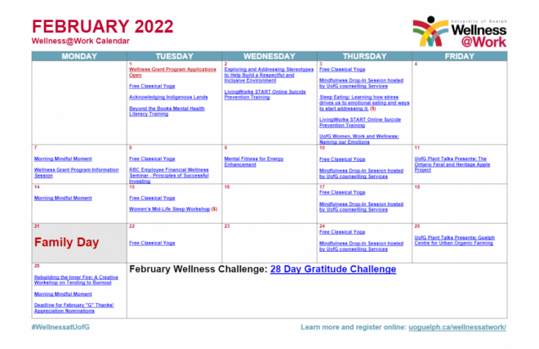 February 2022 Wellness Calendar 