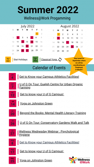 Summer 2022 Wellness Calendars. July and August months shown with description of events. 