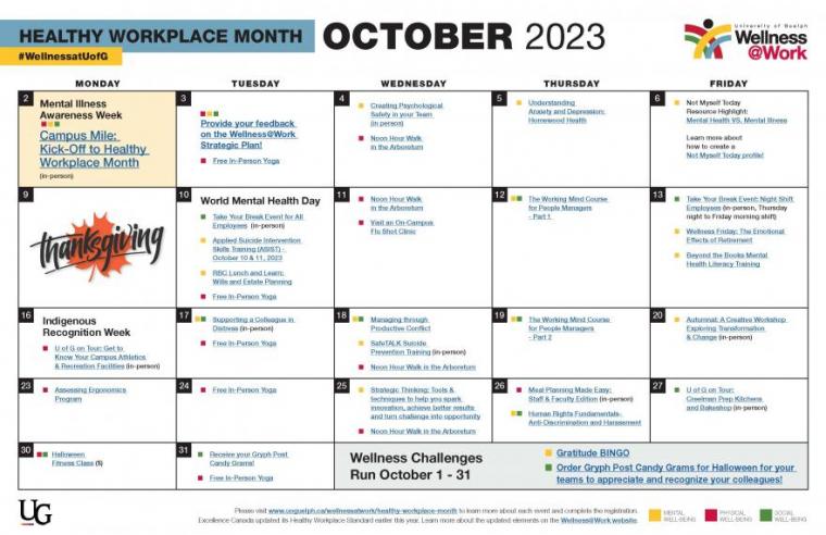 October 2023 Healthy Workplace Month Calendar