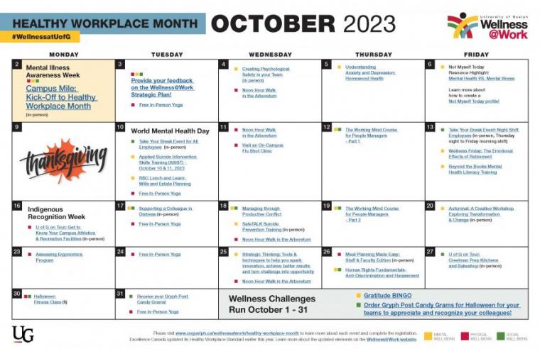 October 2023 Healthy Workplace Month Calendar