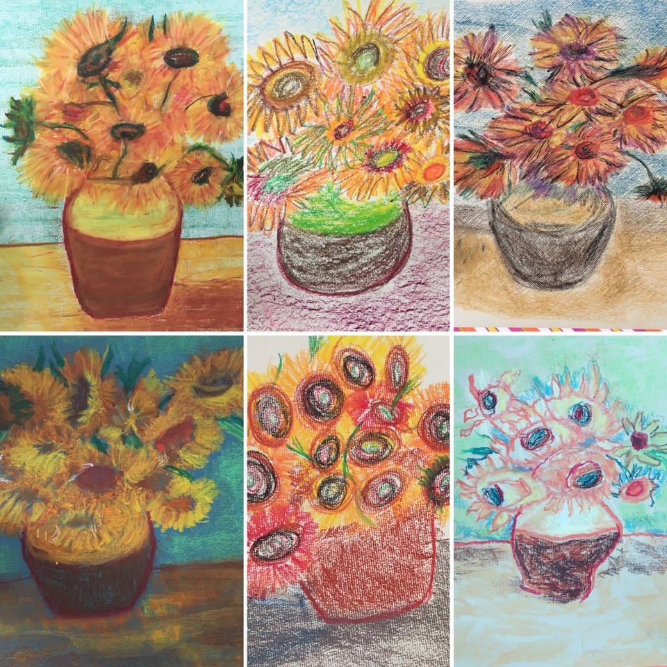 six oil pastel drawings replicating Van Gough's famous Sunflowers